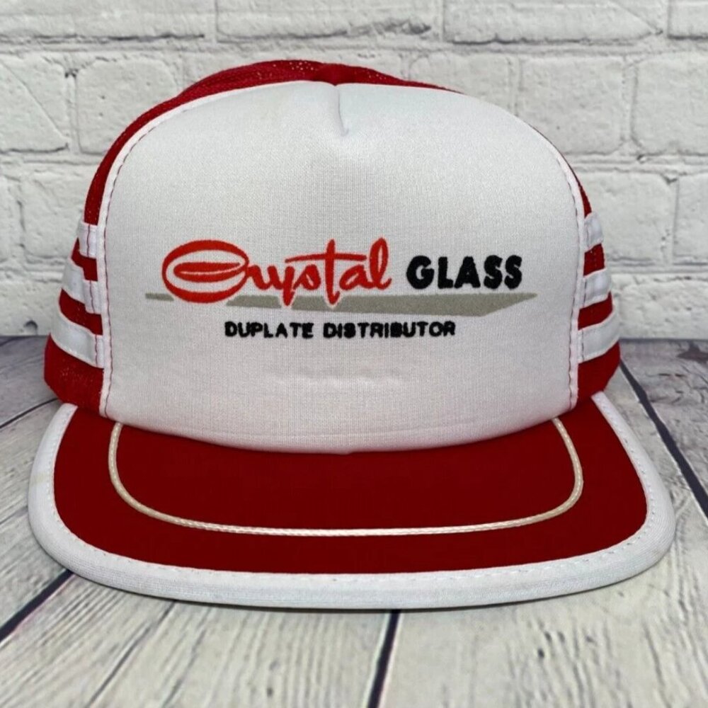 Vintage Crystal Glass Hat Cap Snapback Red White Trucker Mesh Stripes Adjustable